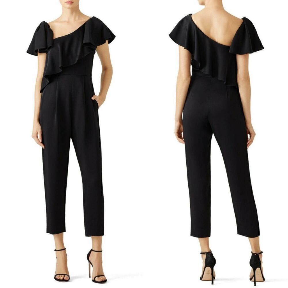 Jill Stuart Black Crepe Satin Ruffle Asymmetrical Neckline Jumpsuit Size 8